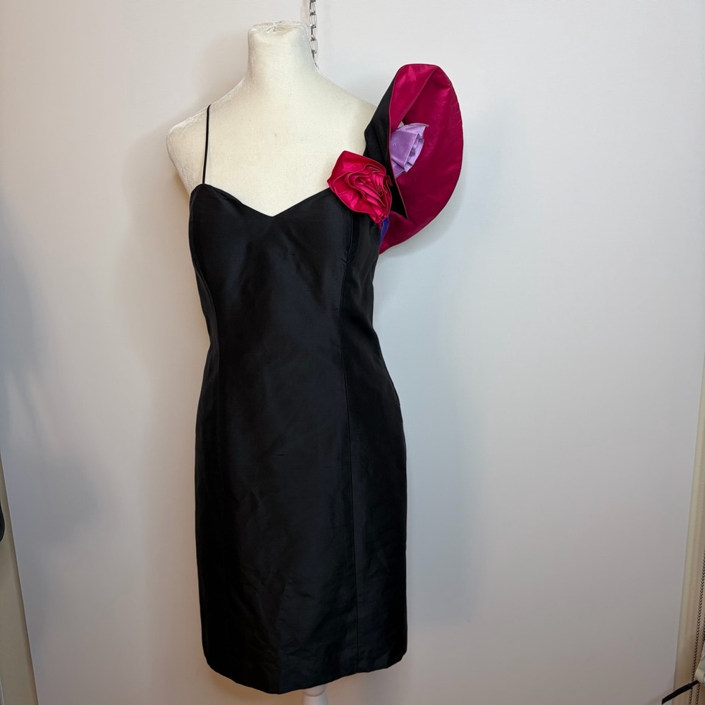 Vintage Prom Black Slip Dress with Pink Floral Accent